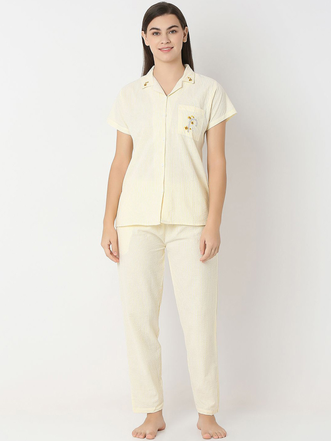 

Juliet Women Pure Cotton Striped Night suit, Yellow