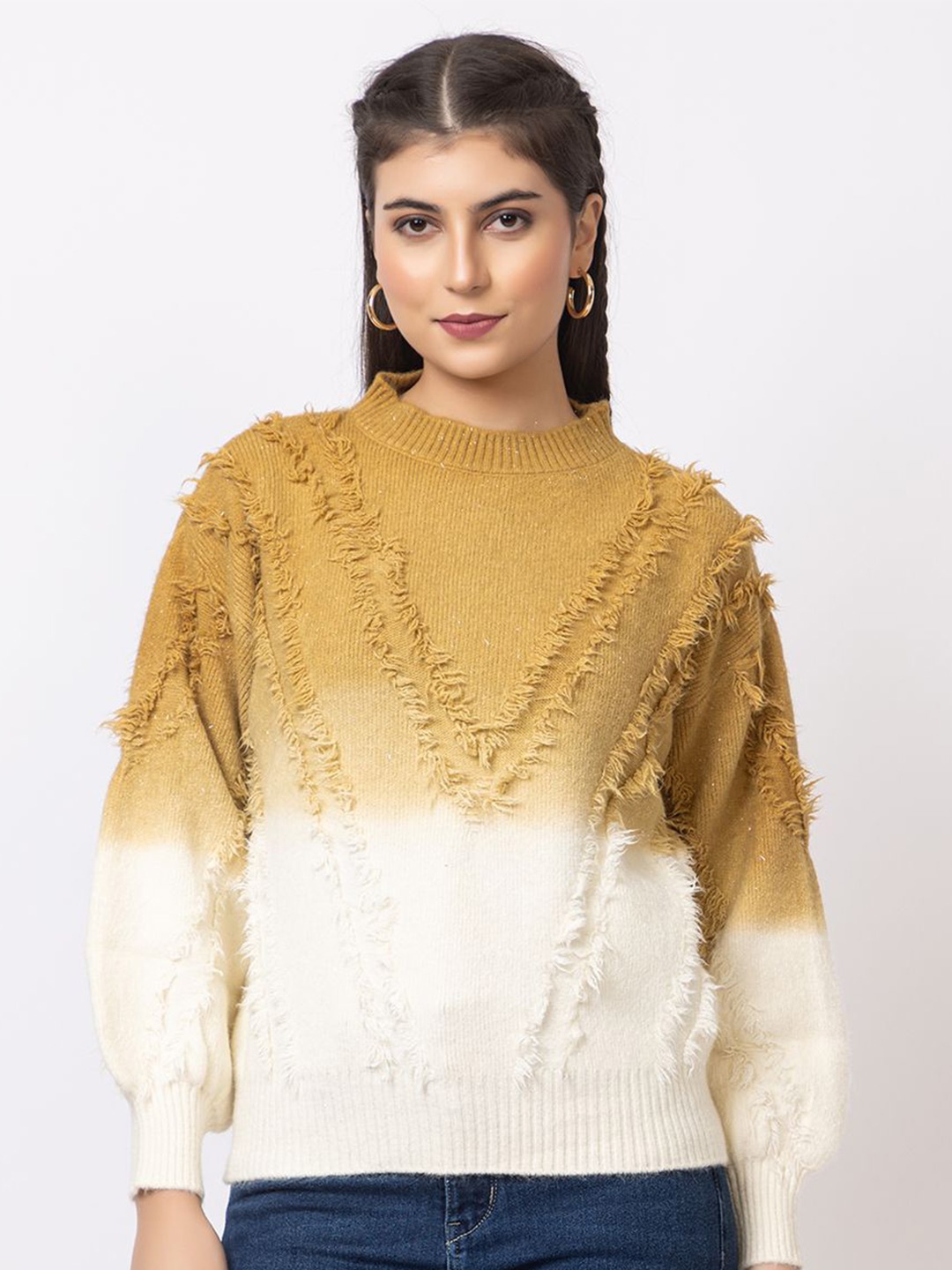 

Antiloop Women Colourblocked Woollen Pullover, Mustard