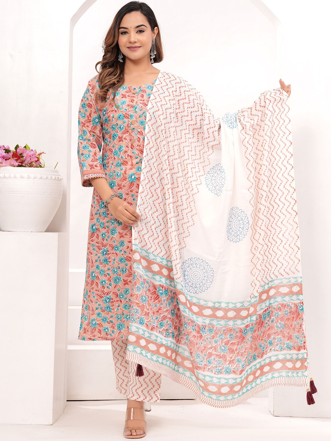 

VASUPRADA Women Floral Printed Regular Kurta with Trousers & With Dupatta, Blue