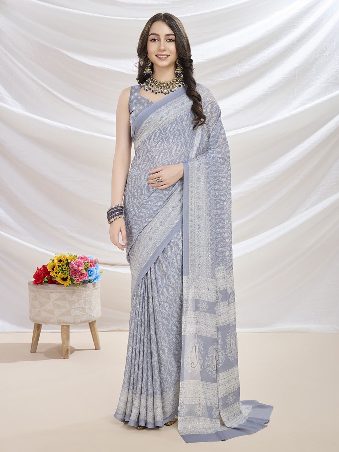 

KALINI Poly Georgette Designer Saree, Grey