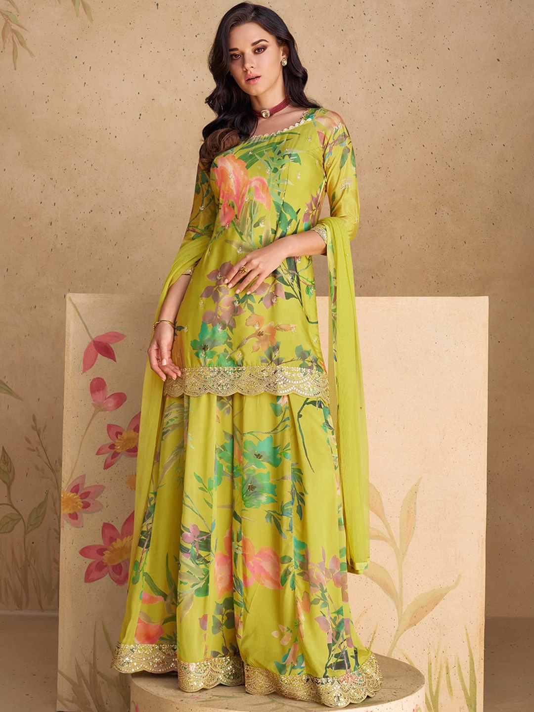 

Jaipur Kurti Embroidered Silk Georgette Semi-Stitched Dress Material, Lime green