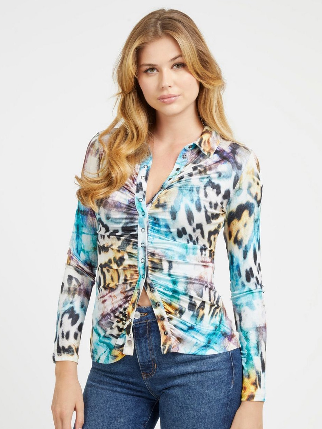 

GUESS Floral Print Mandarin Collar Shirt Style Top, Multi