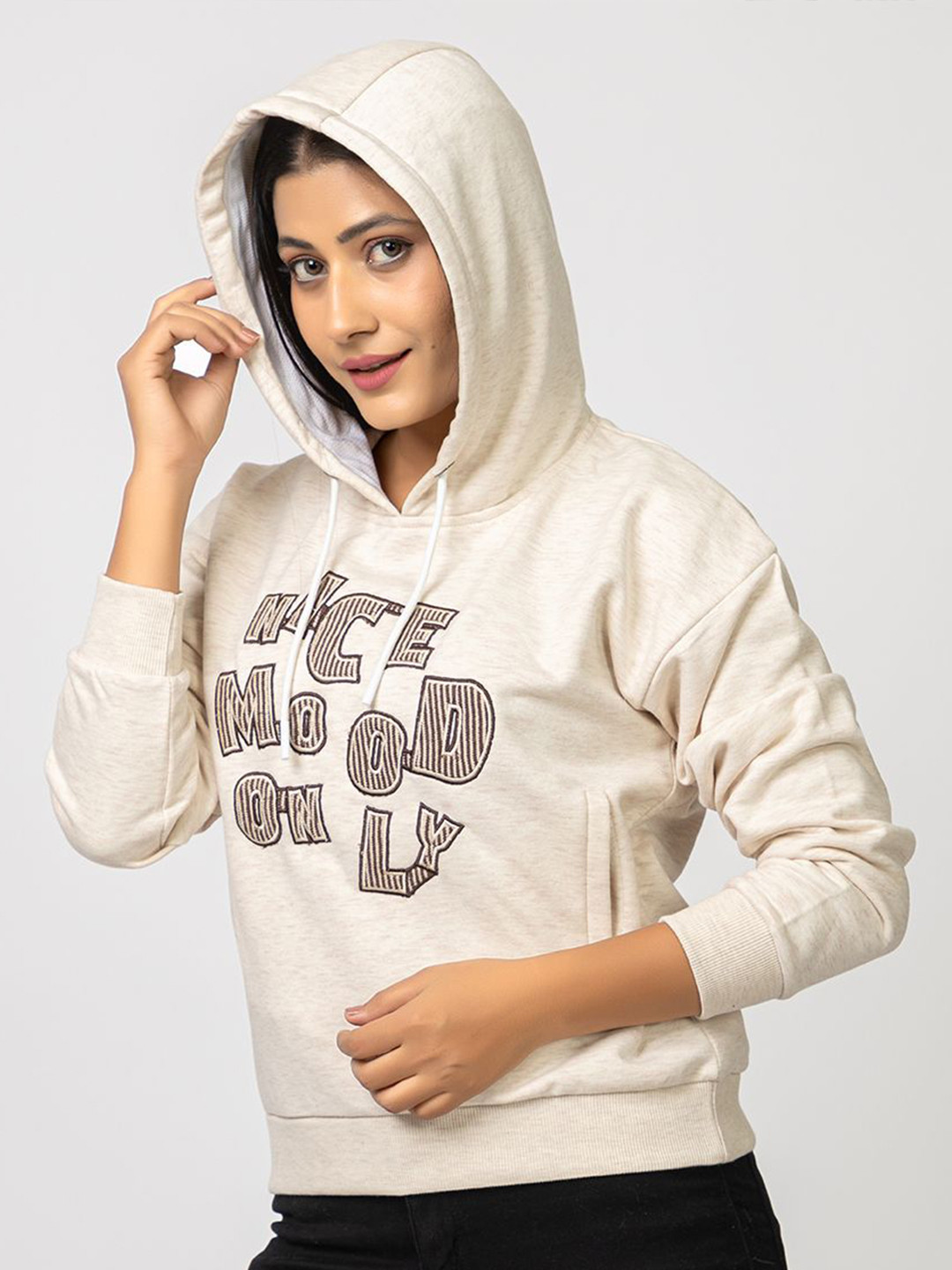 

Navsha Women Printed Hooded Sweatshirt, Beige
