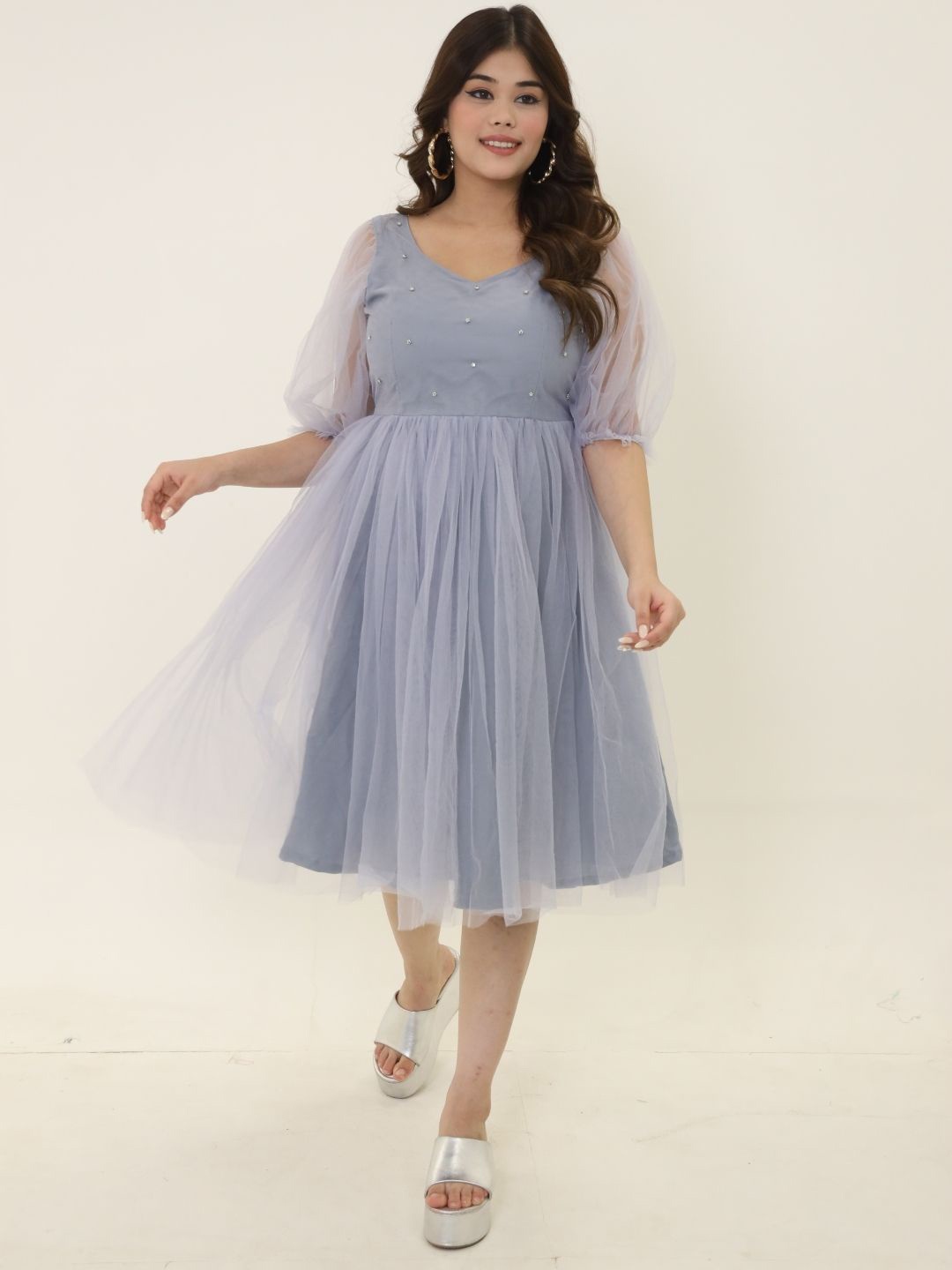 

Swadeshi Shringaar Women Net Frill Fit and Flare Dress, Grey