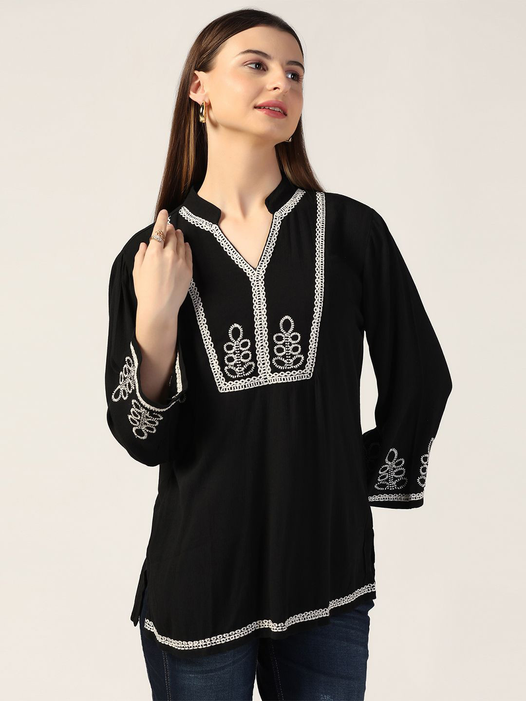 

Mustard Women Floral Embroidered Regular Top, Black
