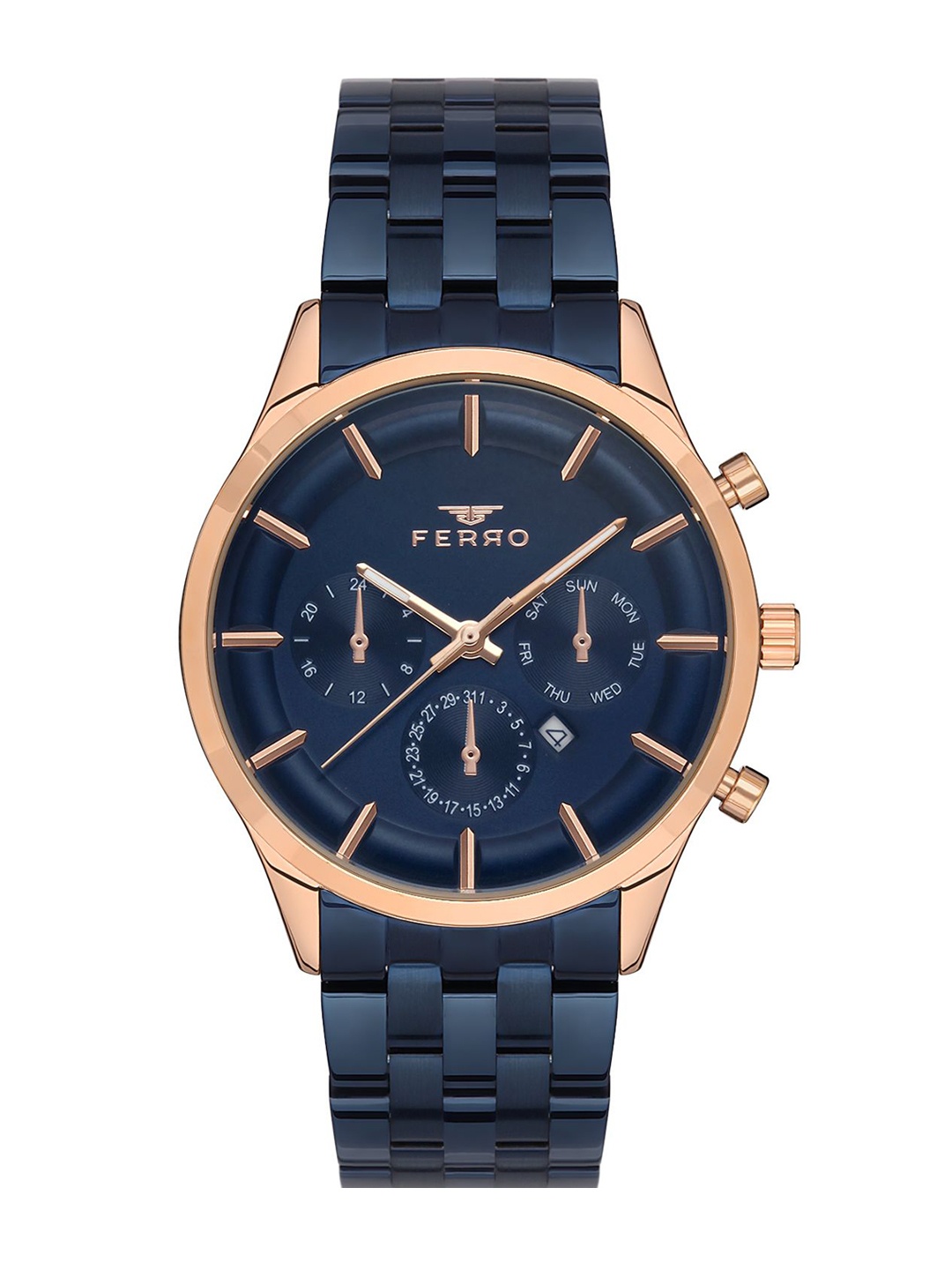 

Ferro Men Brass Dial & Stainless Steel Bracelet Style Straps Analogue Multi Function Watch F40078A-T, Blue