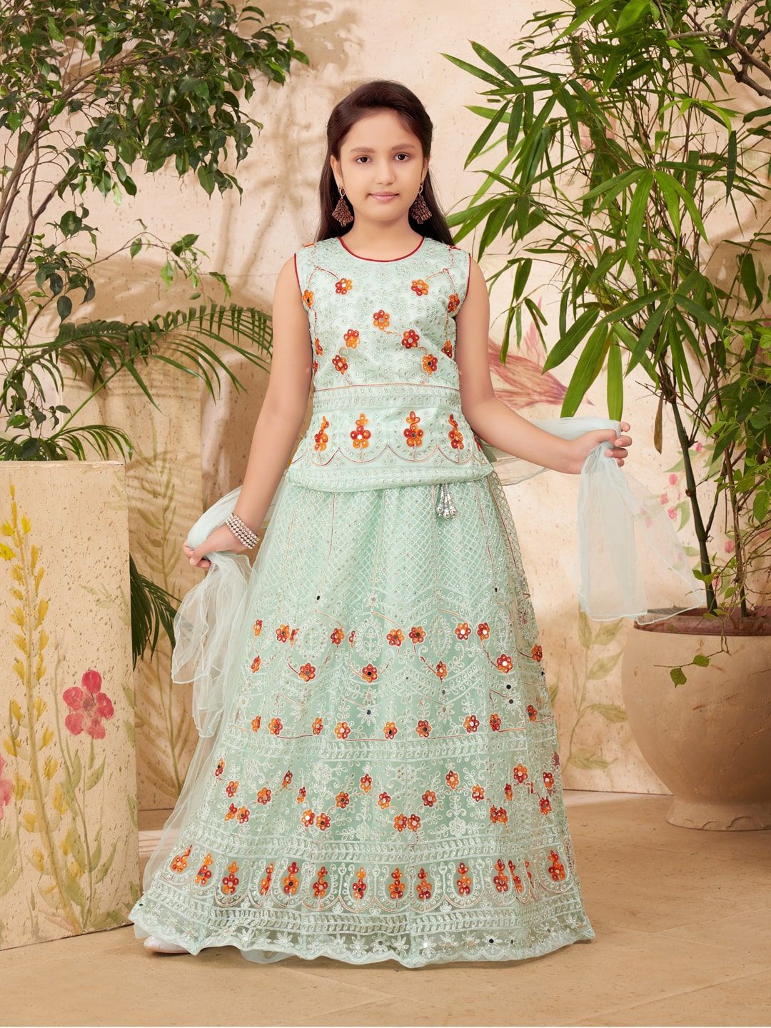 

BAESD Girls Embroidered Mirror Work Ready to Wear Lehenga &, Sea green