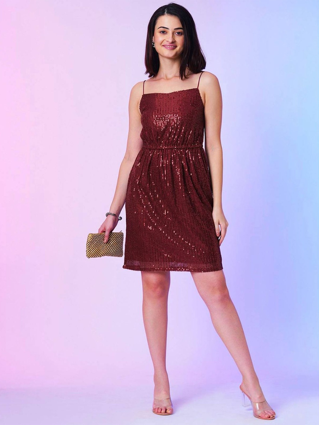 

The Roadster Lifestyle Co Sleeveless Sequined Fit & Flare Dress, Maroon