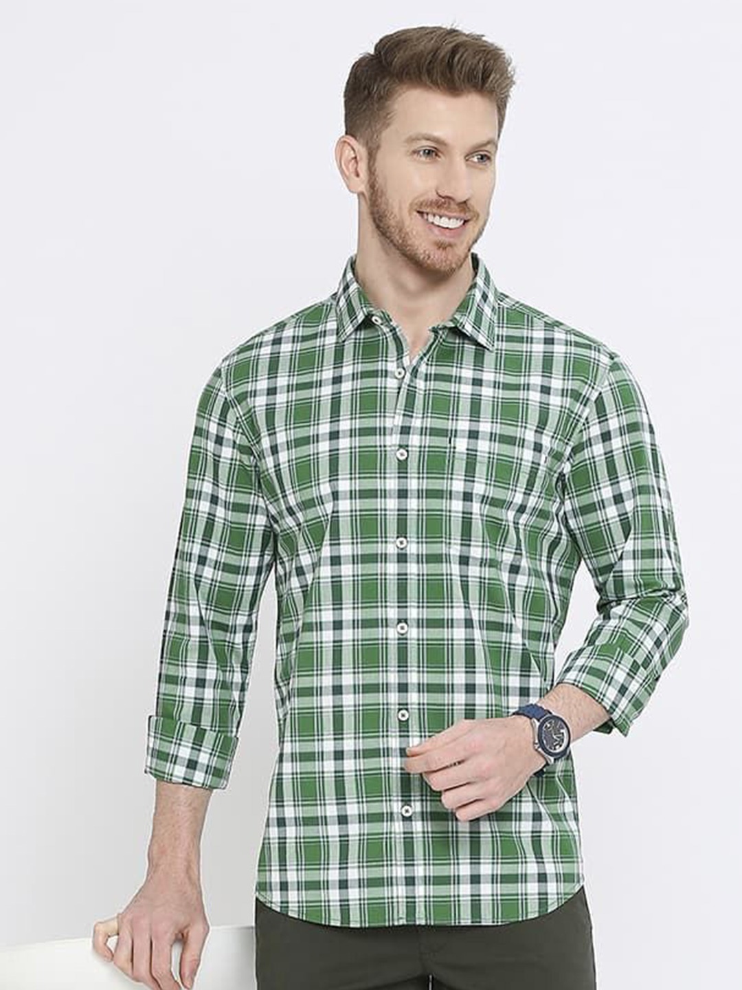 

Basics Men Slim Fit Shepherd Checks Opaque Checked Casual Shirt, Green