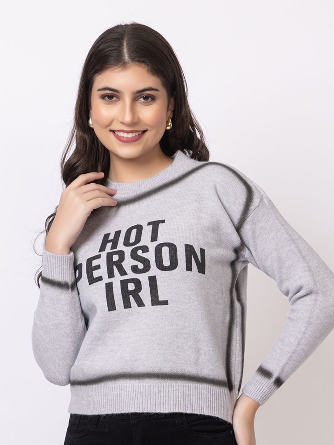 

Antiloop Women Typography Printed Woollen Pullover, Grey