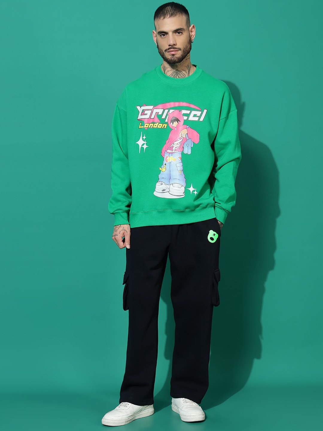 

GRIFFEL Men Printed Oversized Fit Long Sleeves Tracksuit, Green