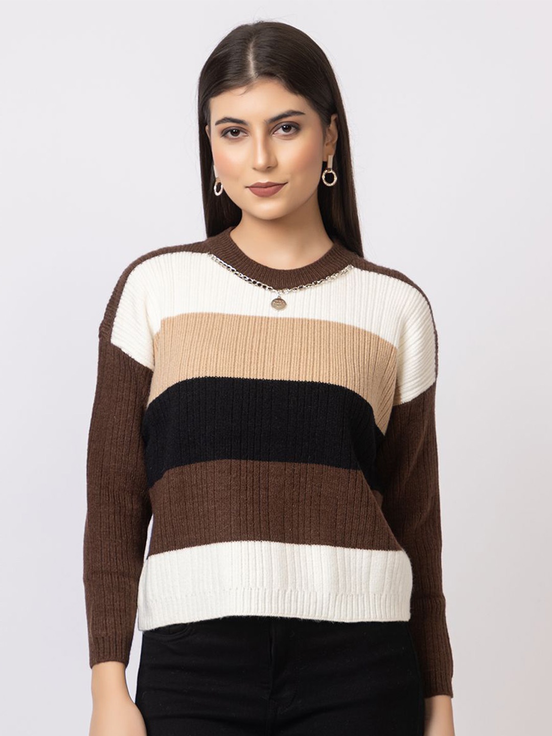 

Antiloop Women Colourblocked Woollen Pullover, Brown