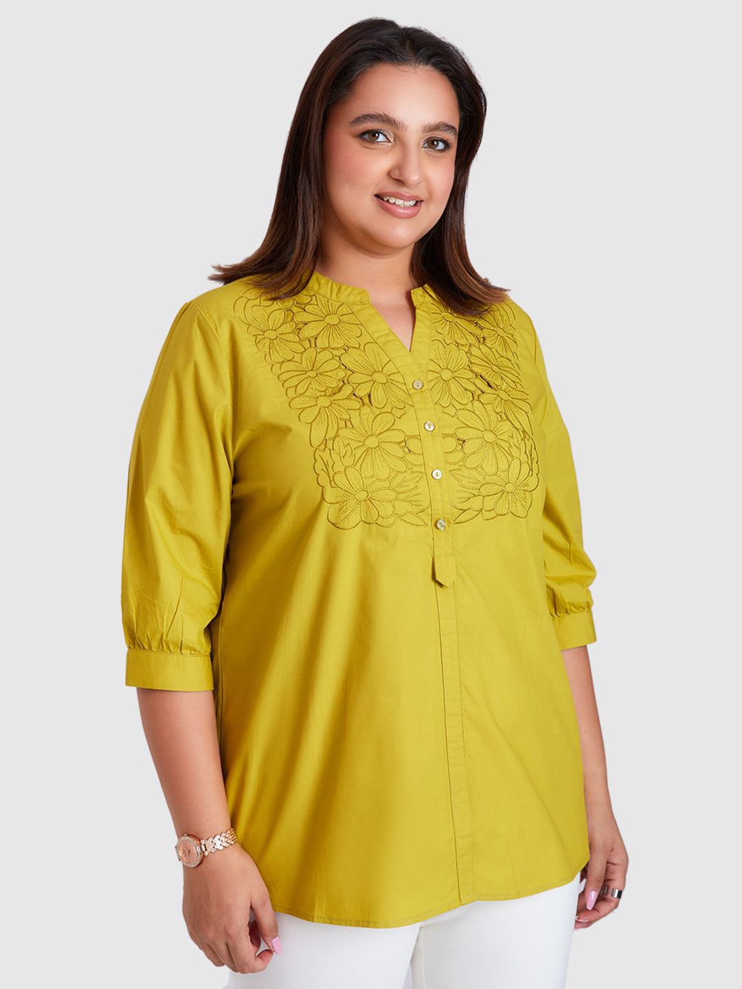 

Presence Mandarin Collar Cotton Shirt Style Top, Green