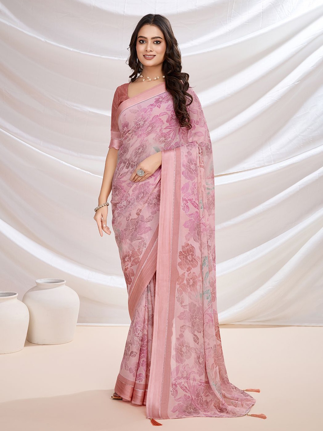 

KALINI Floral Pure Georgette Saree, Pink