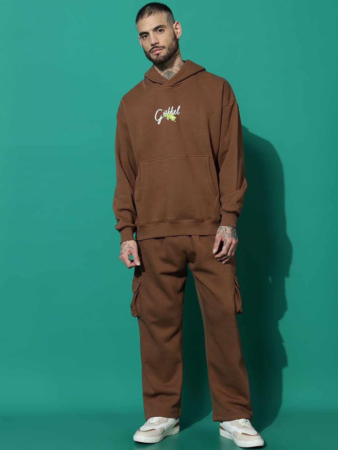 

GRIFFEL Men Printed Long Sleeves Hooded Tracksuits, Coffee brown