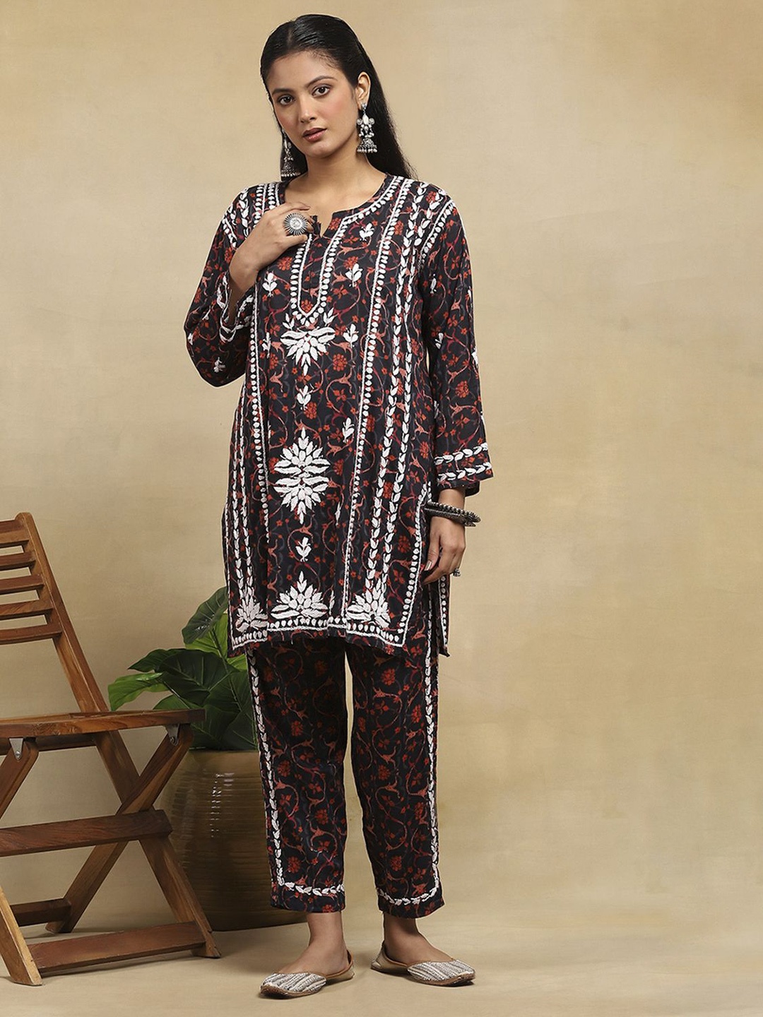

House of Chikankari Chikankari Printed Kurta Set, Black