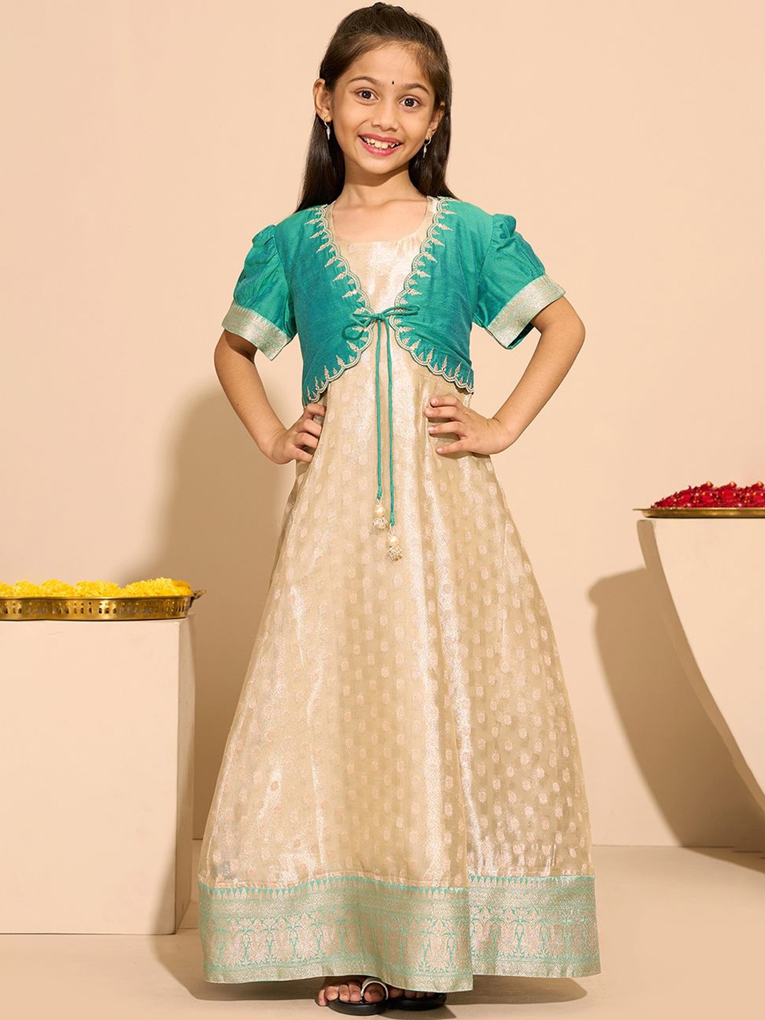 

Maybell Girls Ethnic Textured Silk Maxi Ethnic Dress, Sea green