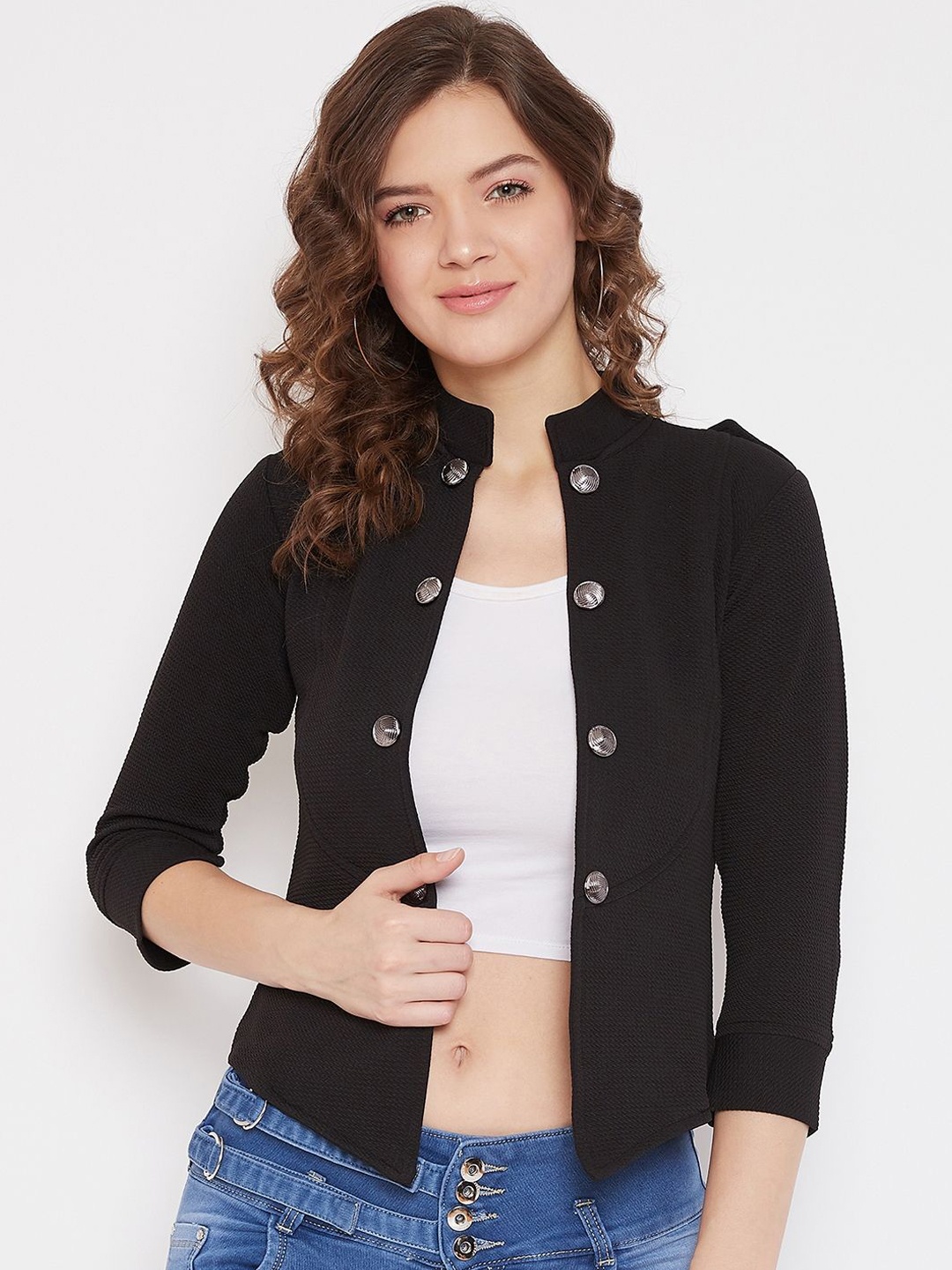 

Purple Feather Women Floral Crop Tailored Jacket, Black
