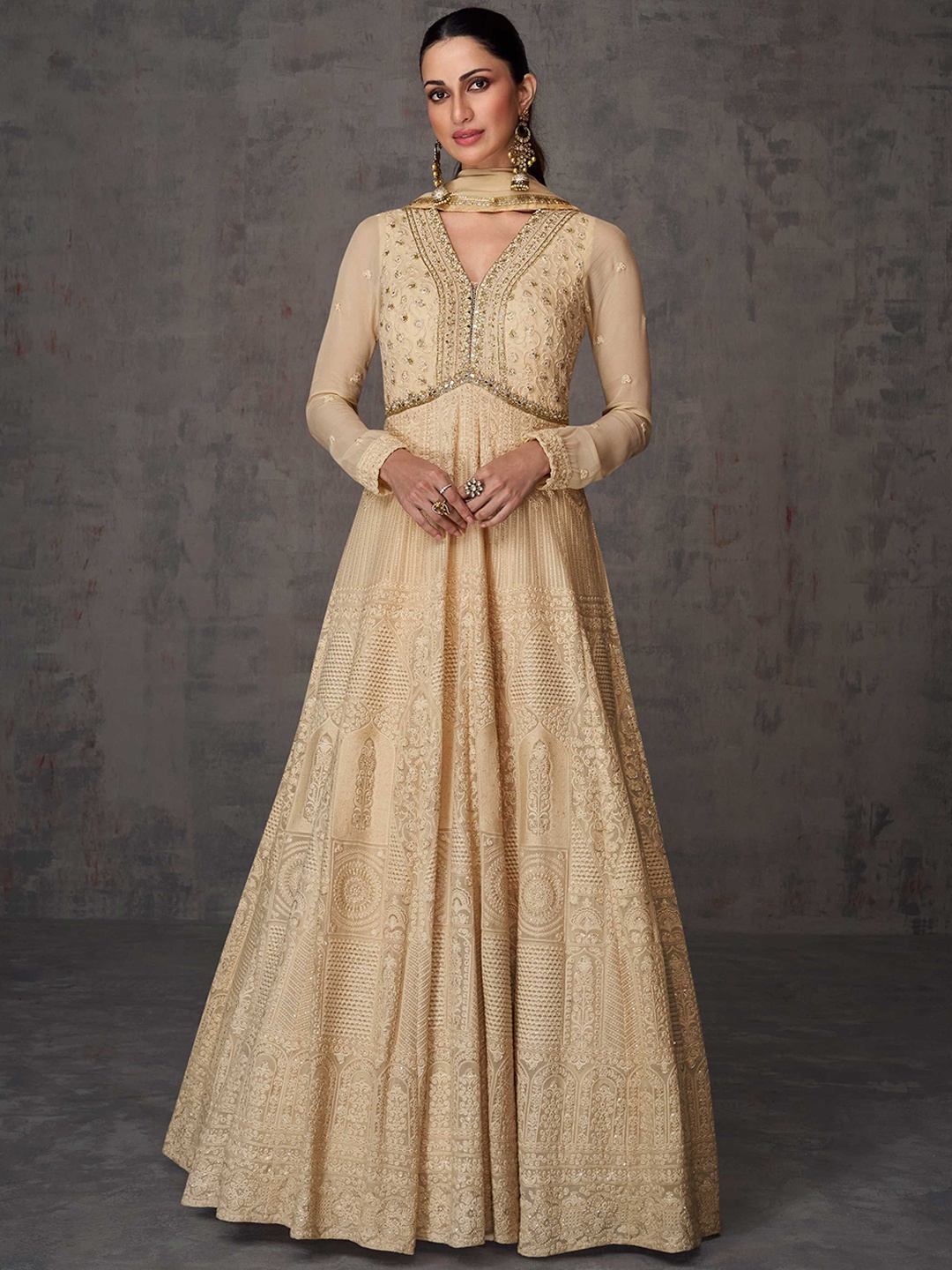 

Jaipur Kurti Embroidered Silk Georgette Semi-Stitched Dress Material, Beige