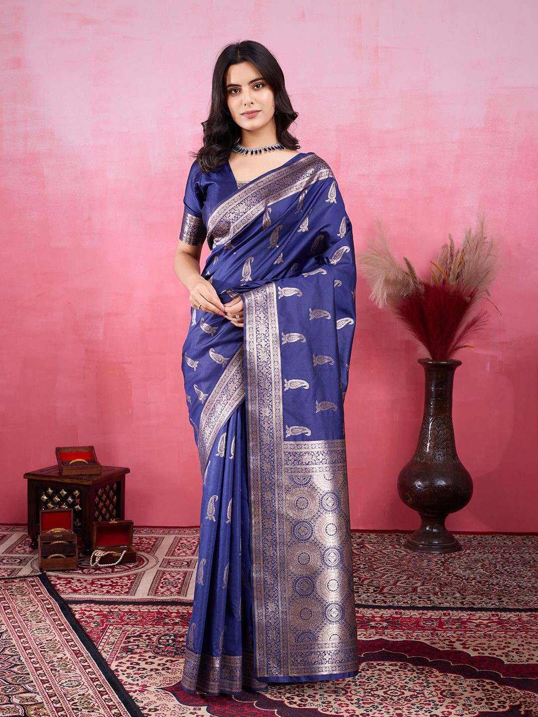 

KALINI Ethnic Motifs Zari Pure Silk Handloom Banarasi Saree, Blue