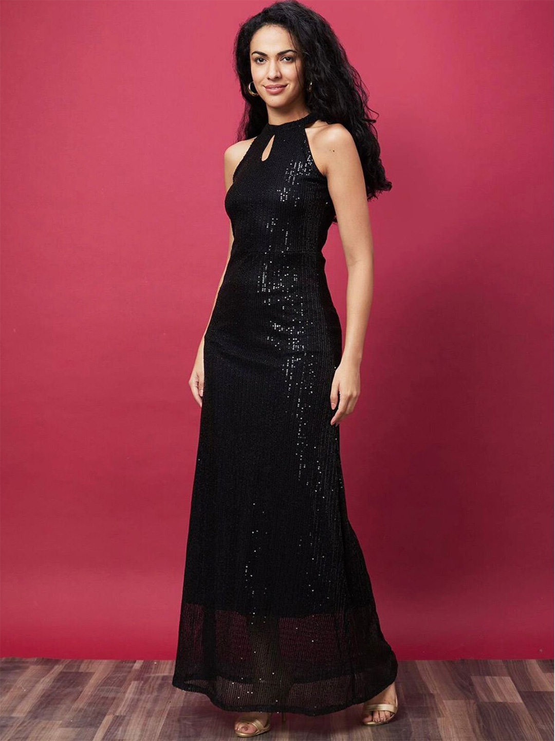 

The Roadster Lifestyle Co Halter Keyhole Neck Embellished Maxi Gown Dress, Black