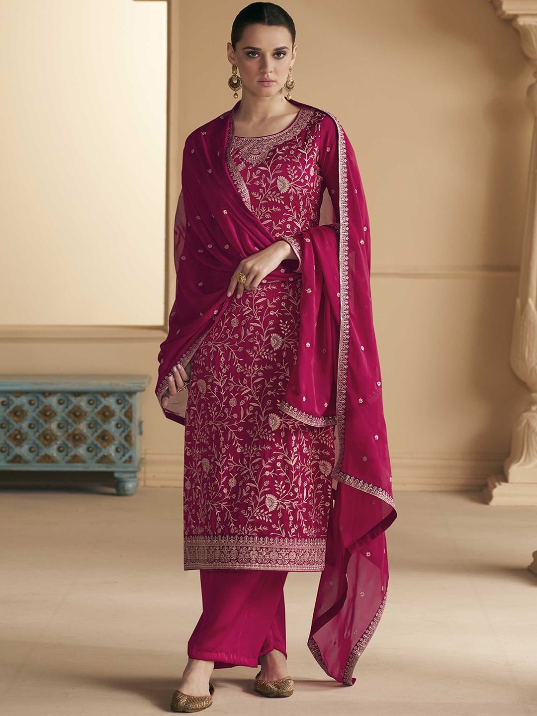 

Jaipur Kurti Embroidered Silk Georgette Semi-Stitched Dress Material, Pink