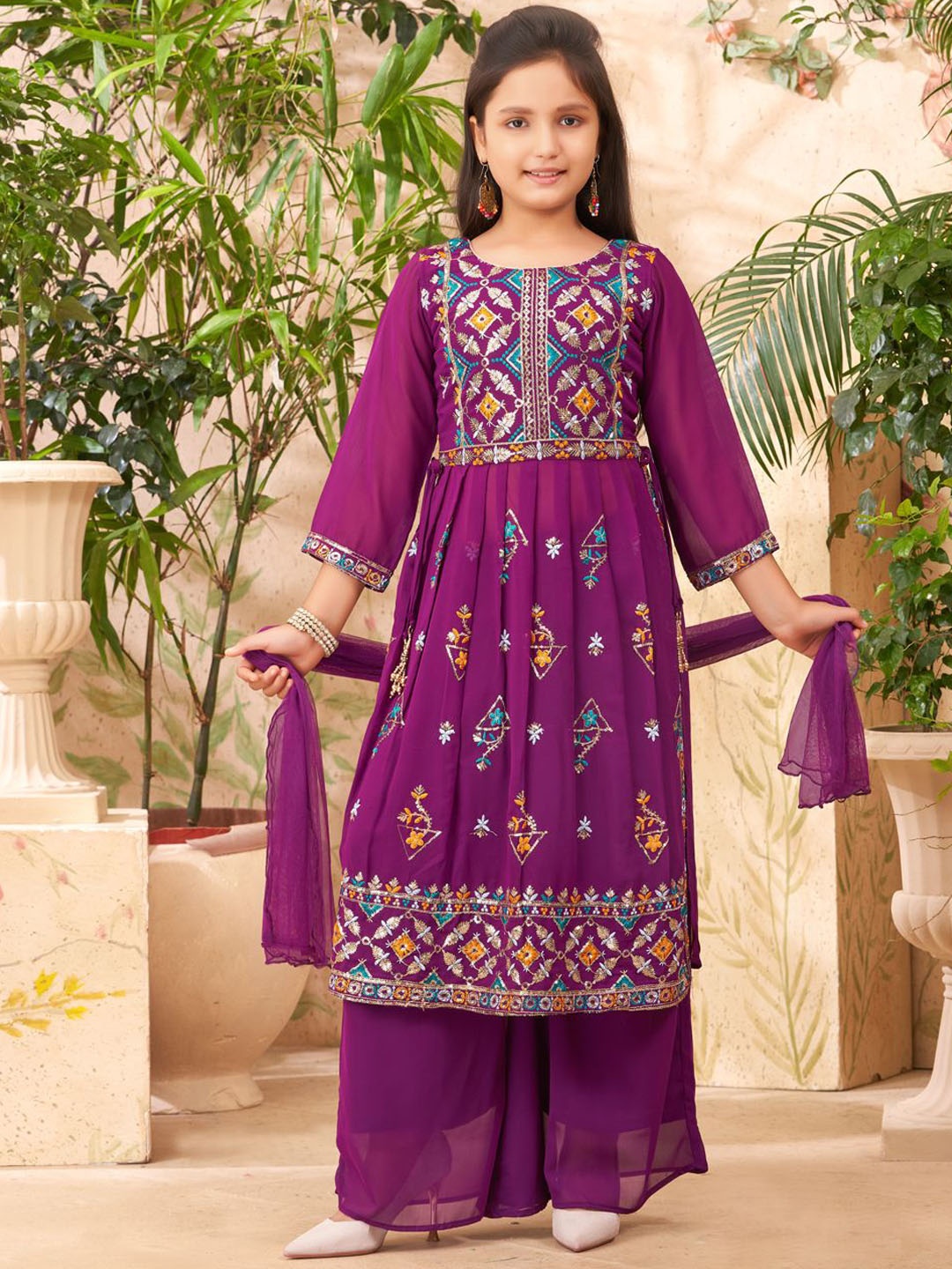 

BAESD Girls Ethnic Motifs Embroidered Empire Thread Work Kurta with Sharara & With Dupatta, Purple