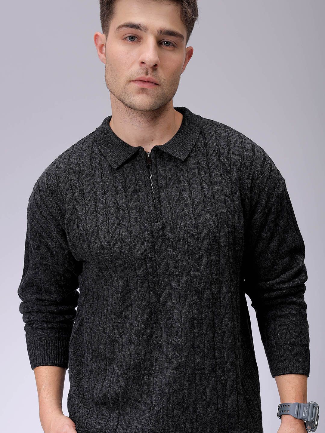 

The Indian Garage Co Men Cable Knit Pullover, Charcoal