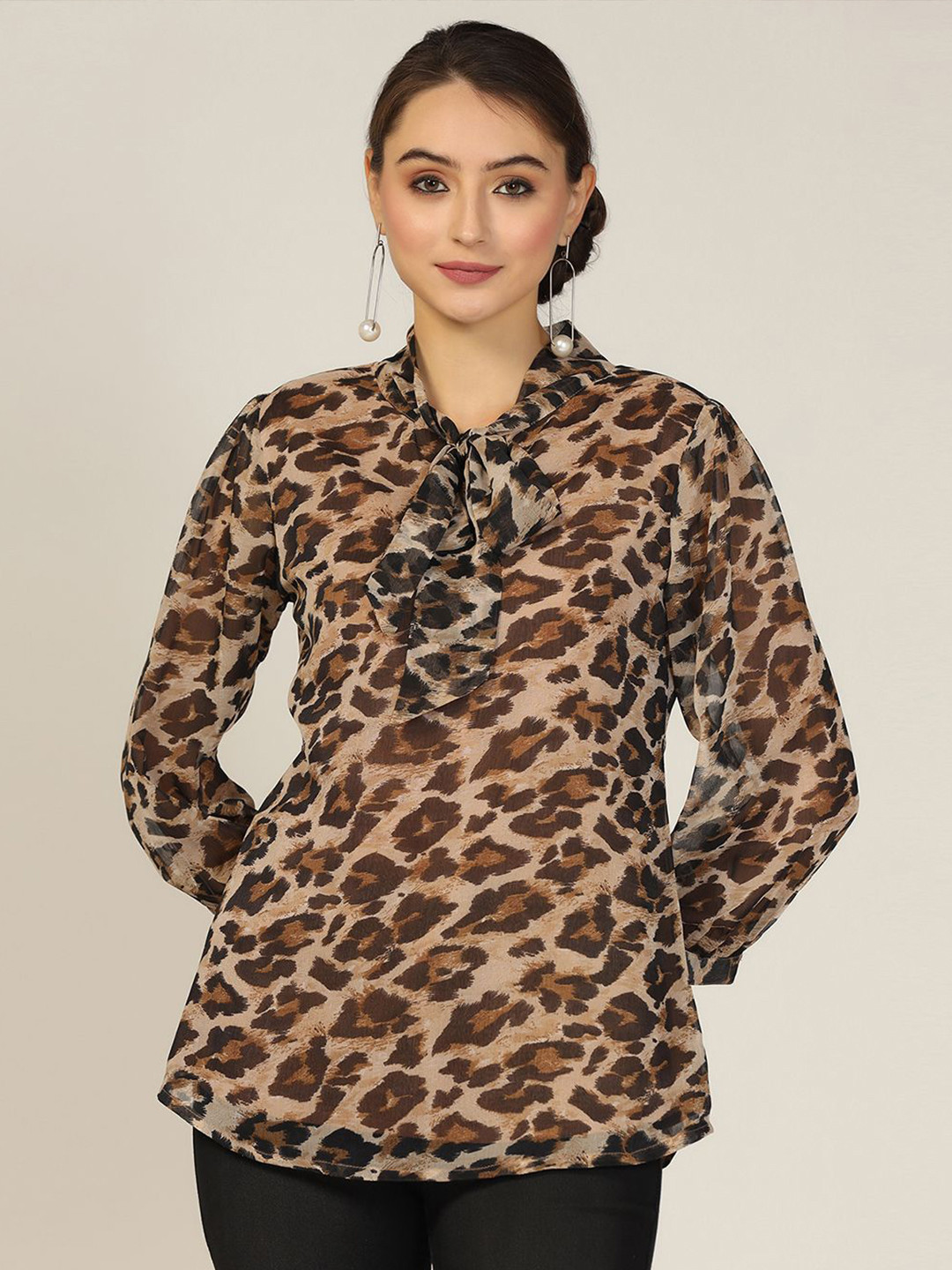 

Mustard Women Animal Print Tie-Up Neck Top, Multi