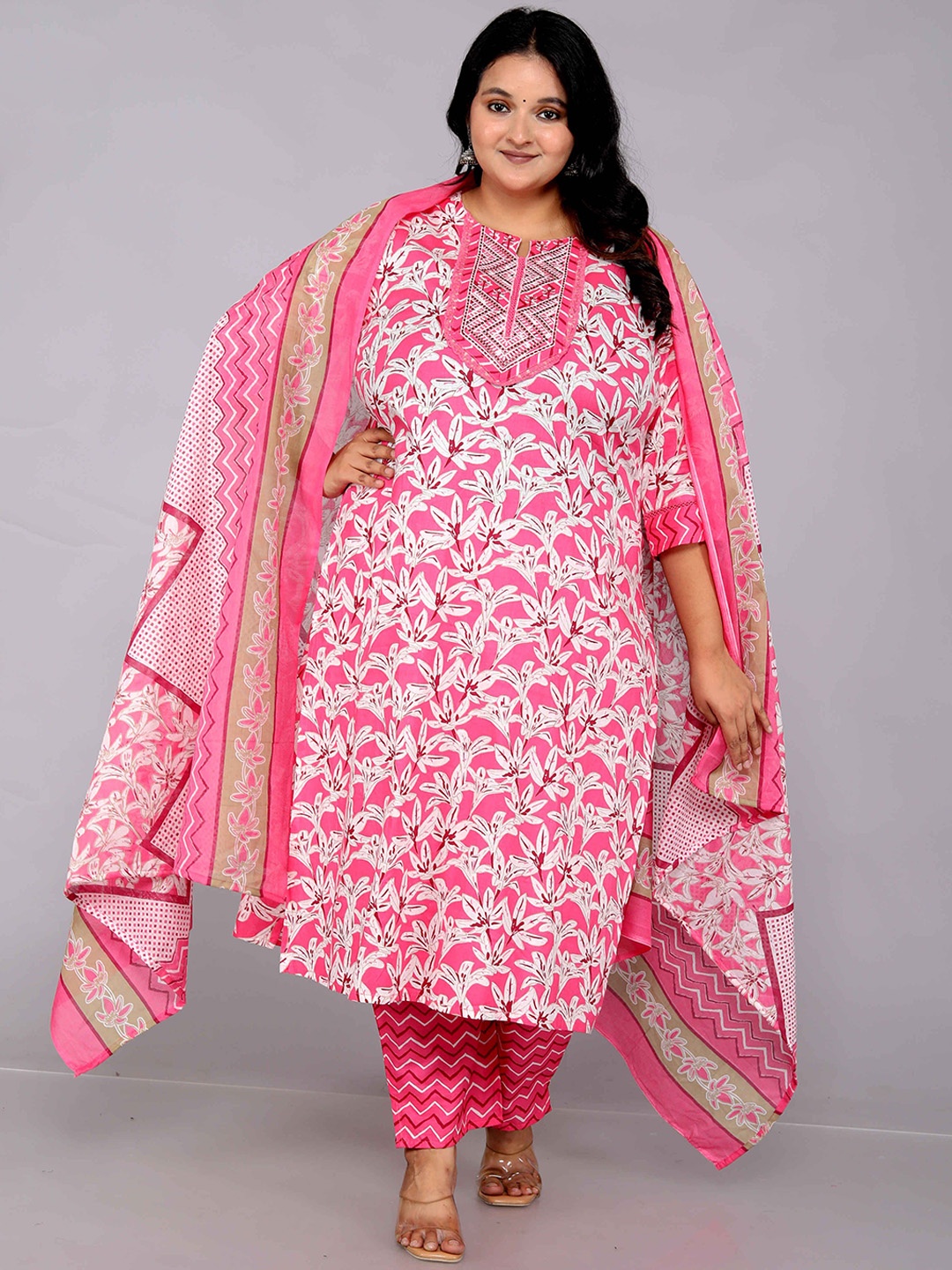 

JC4U Women Ethnic Motifs Printed Regular Mirror Work Pure Cotton Kurta with Trousers & With Dupatta, Pink