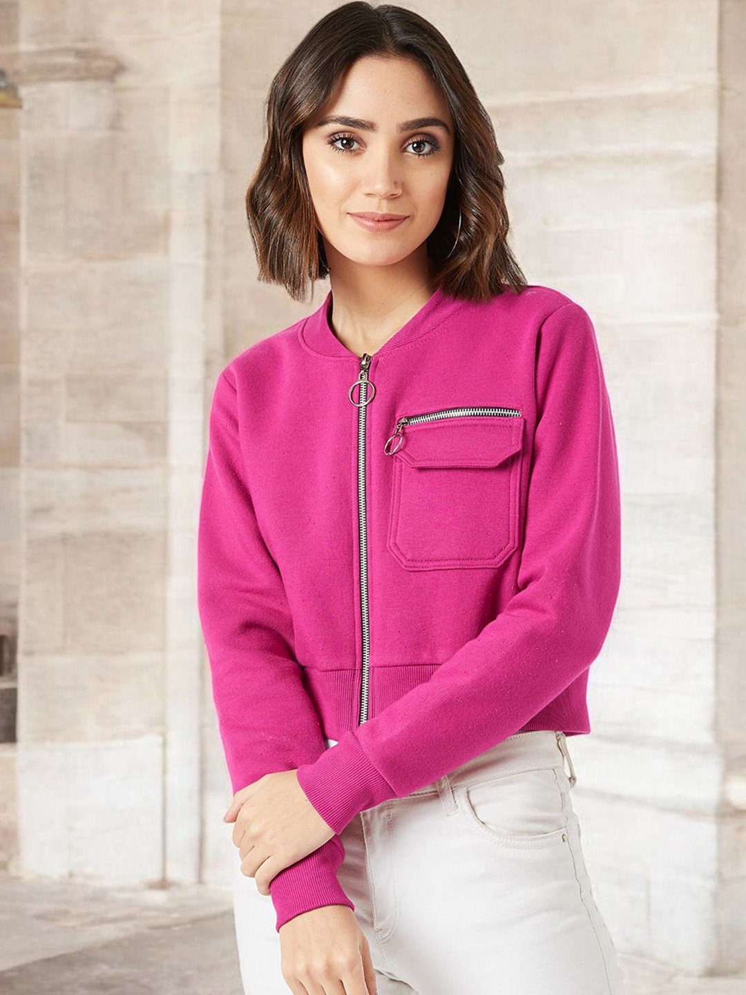 

Miss Chase Women Suede Crop Tailored Jacket, Pink