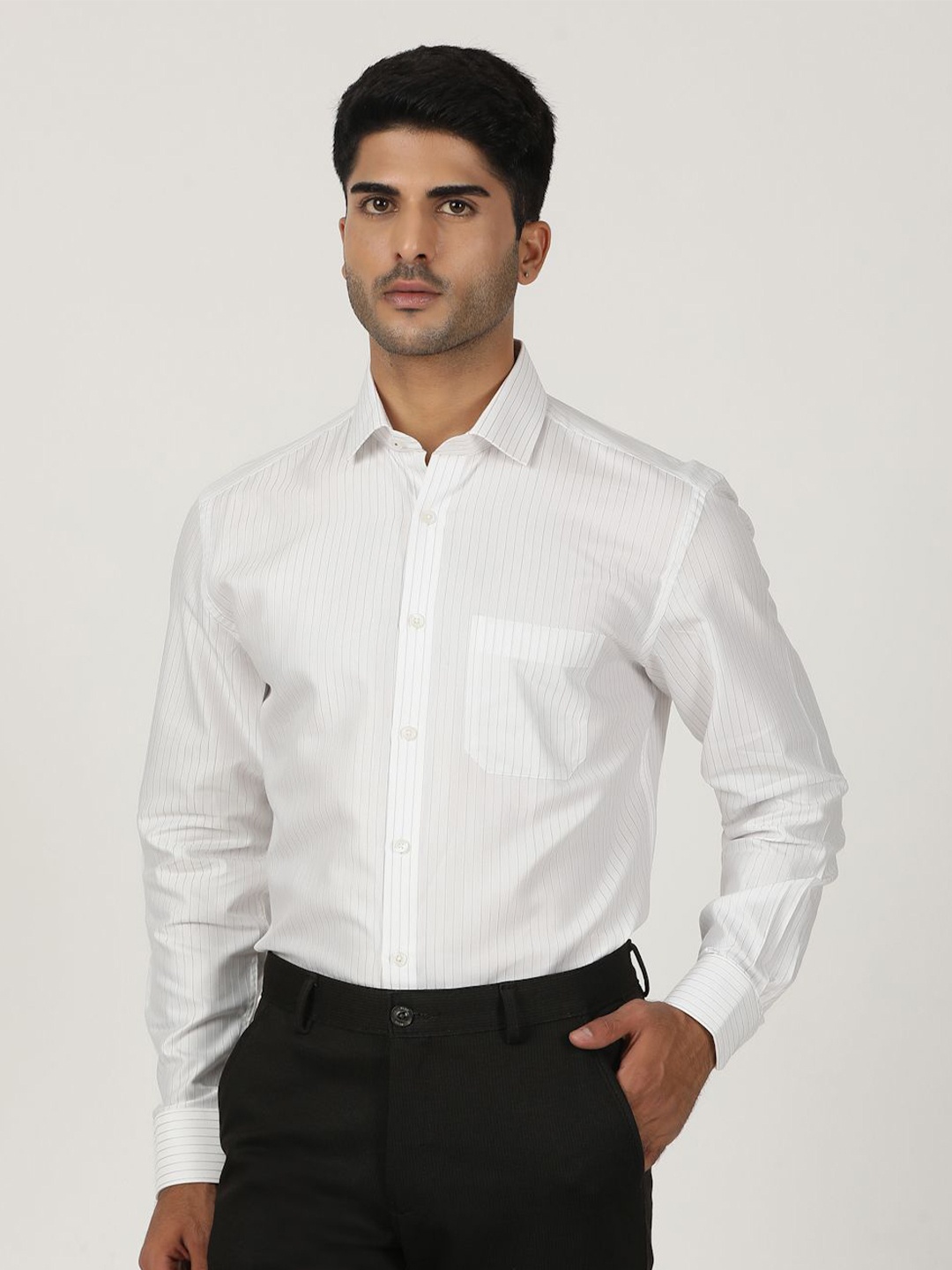 

Greenfibre Men Opaque Striped Formal Shirt, White
