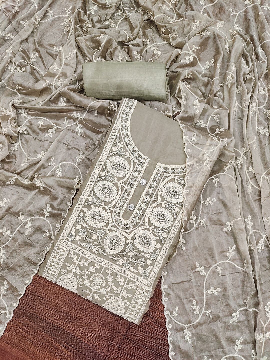 

Lilots Embroidered Organza Unstitched Dress Material, Khaki