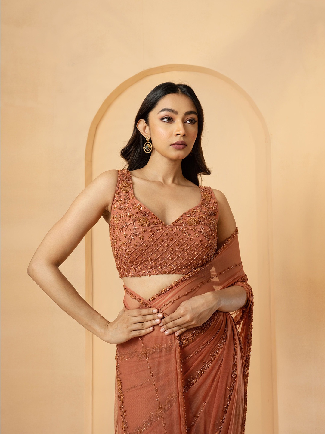 

Quench A Thirst Floral Pure Georgette Ready to Wear Saree, Camel brown