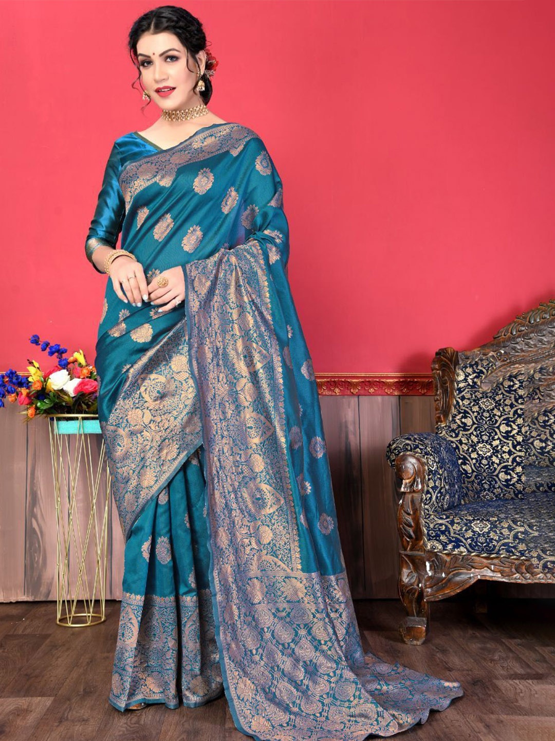 

Wuxi Woven Design Zari Pure Silk Banarasi Saree, Teal