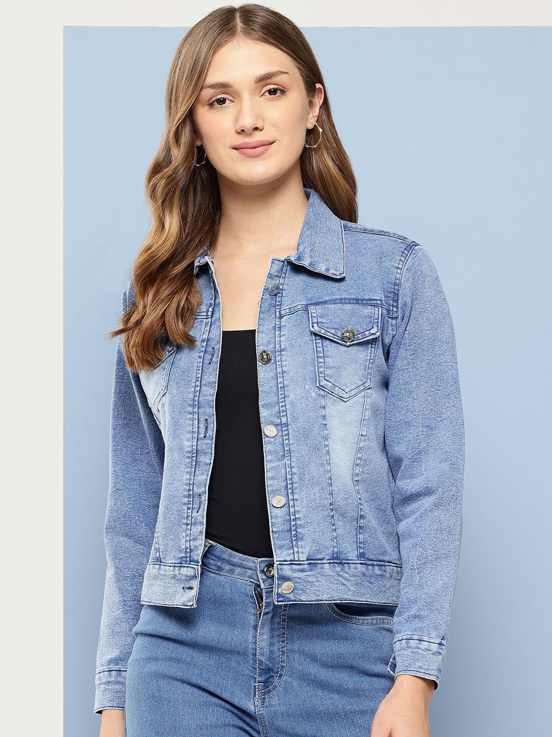 

BAESD Women Washed Cotton Lightweight Crop Denim Jacket Patchwork, Blue