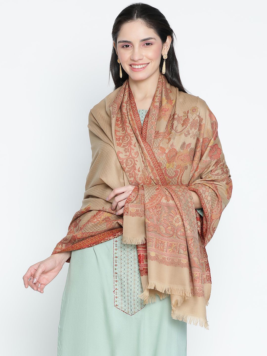 

SHINGORA Women Ethnic Motifs Woven Design Shawl, Beige