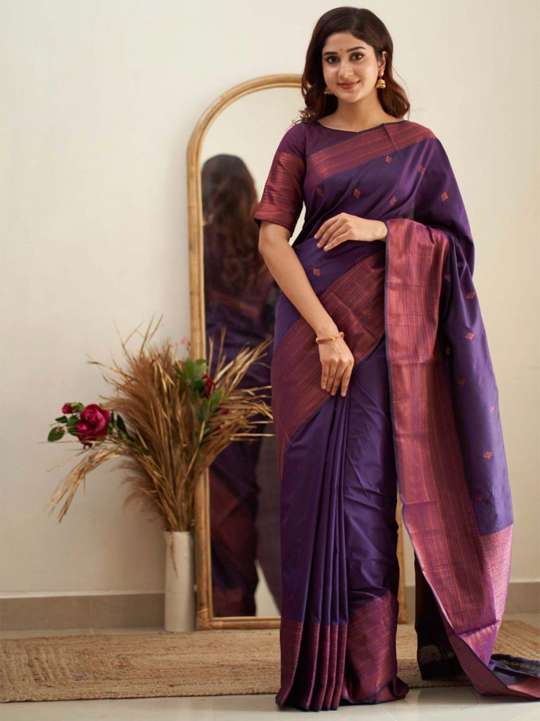 

Jinax Woven Design Zari Pure Silk Banarasi Saree, Purple