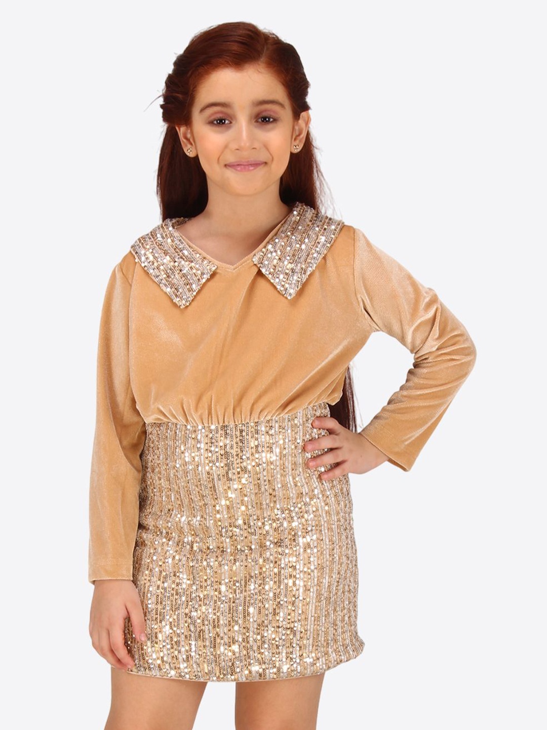 

CUTECUMBER Embellished Applique Velvet Sheath Dress, Beige