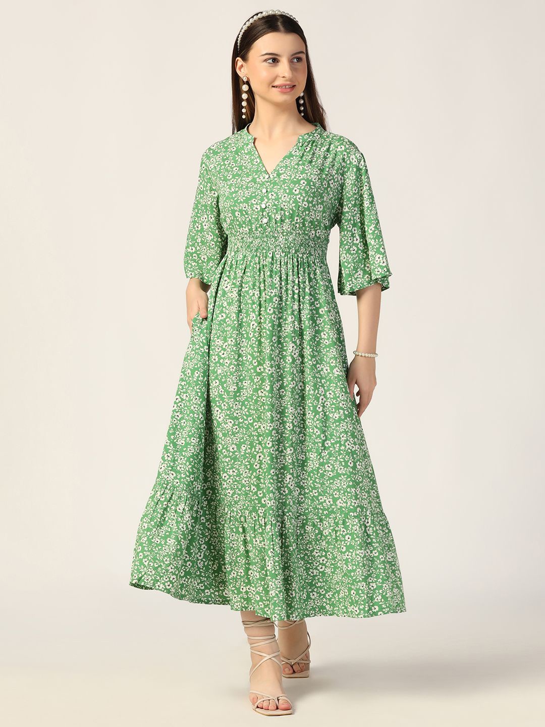 

Mustard Women Floral Printed Fit and Flare Midi Dress, Green