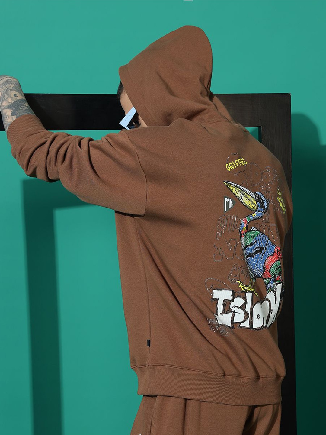 

GRIFFEL Men Printed Hooded Sweatshirt, Coffee brown