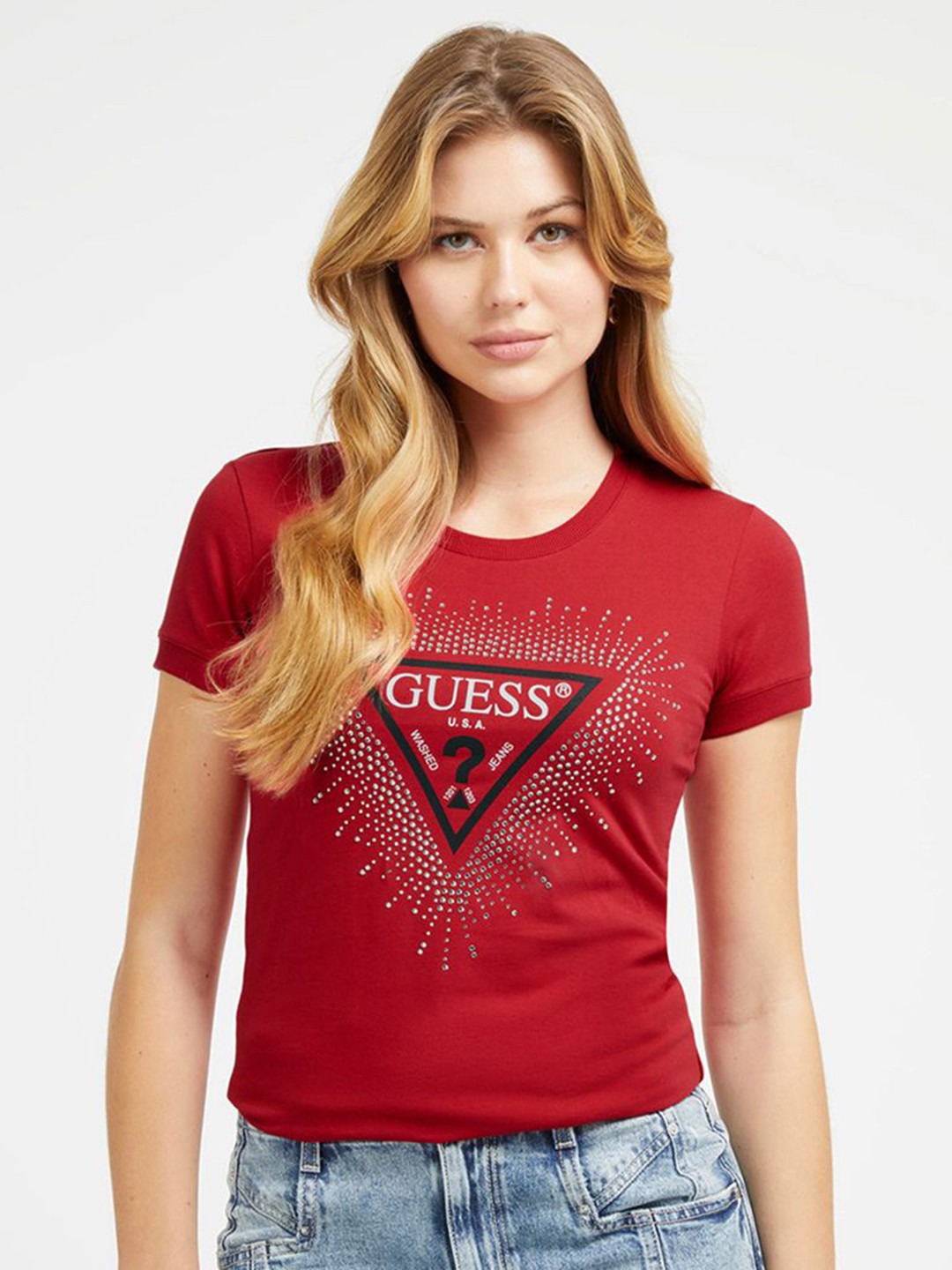 

GUESS Women Brand Logo Printed Extended Sleeves Pockets Slim Fit T-shirt, Red