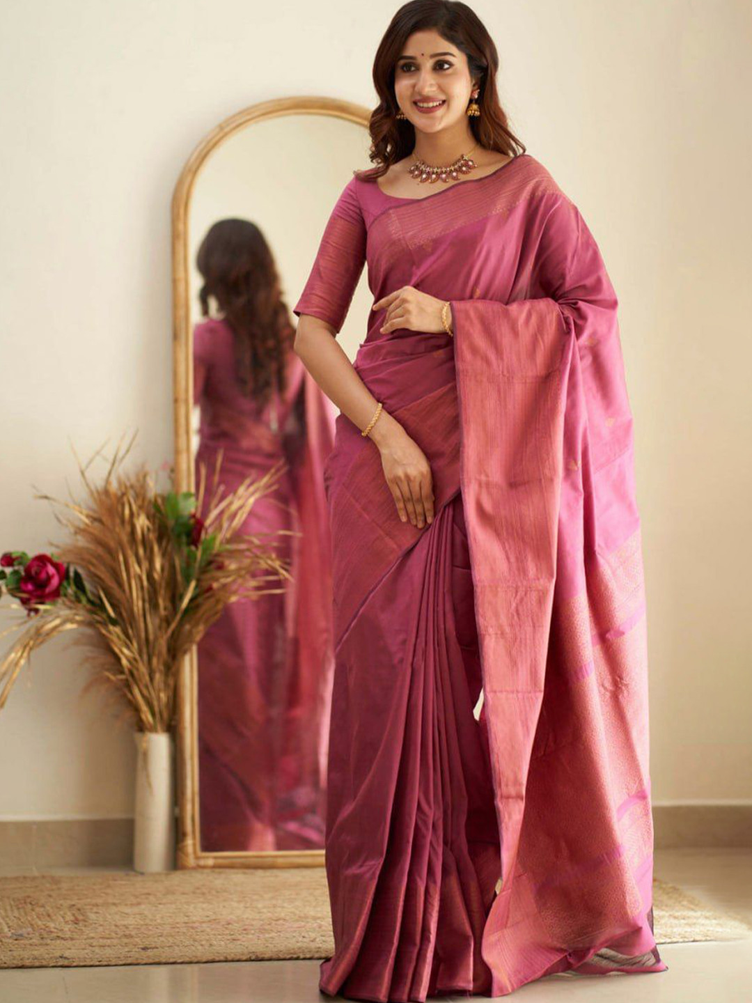 

Wuxi Woven Design Pure Silk Banarasi Saree, Pink