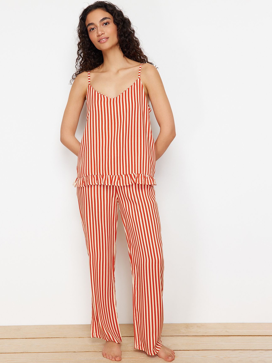 

Trendyol Women Striped Night suit, Orange