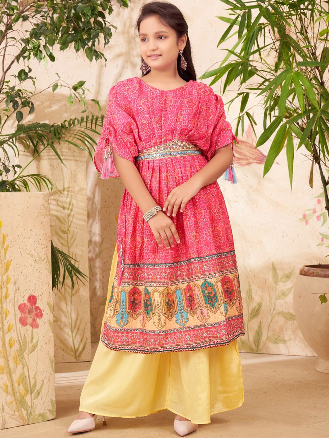 

BAESD Girls Ethnic Motifs Printed Empire Pure Silk Kurta with Palazzos, Pink