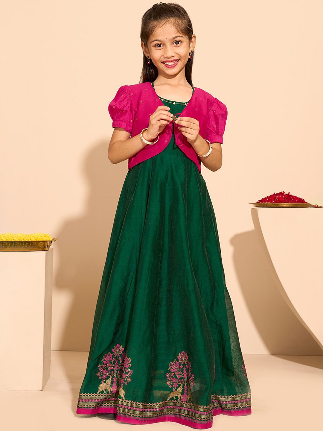 

Maybell Girls Ethnic Embroidered A-Line Chanderi Silk Ethnic Dress, Green