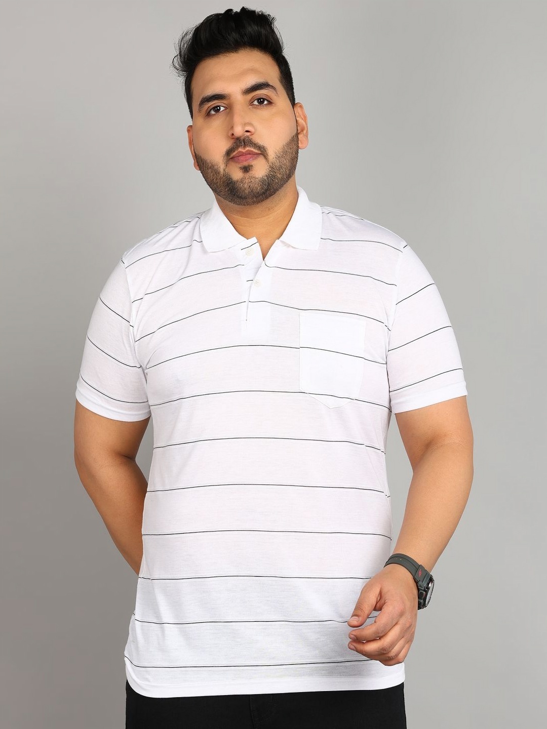 

METRONAUT PLUS Men Plus Size Striped Polo Collar T-shirt, White