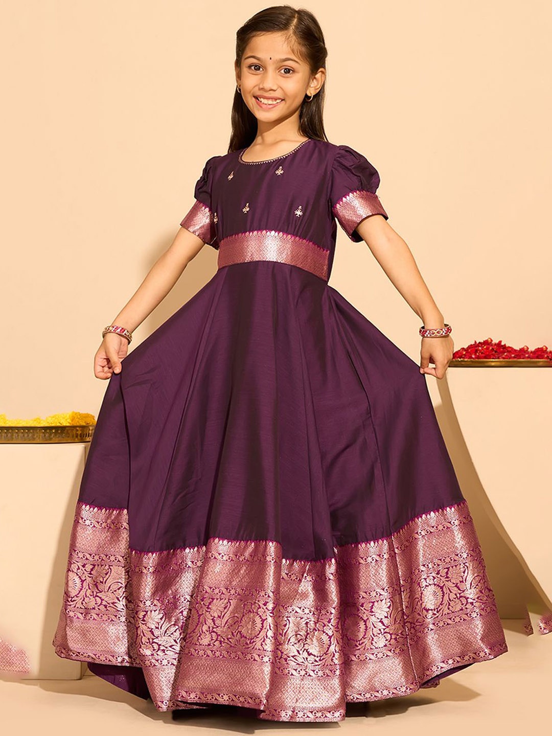 

Maybell Girls Ethnic Embroidered Silk A-Line Anarkali Dress, Burgundy