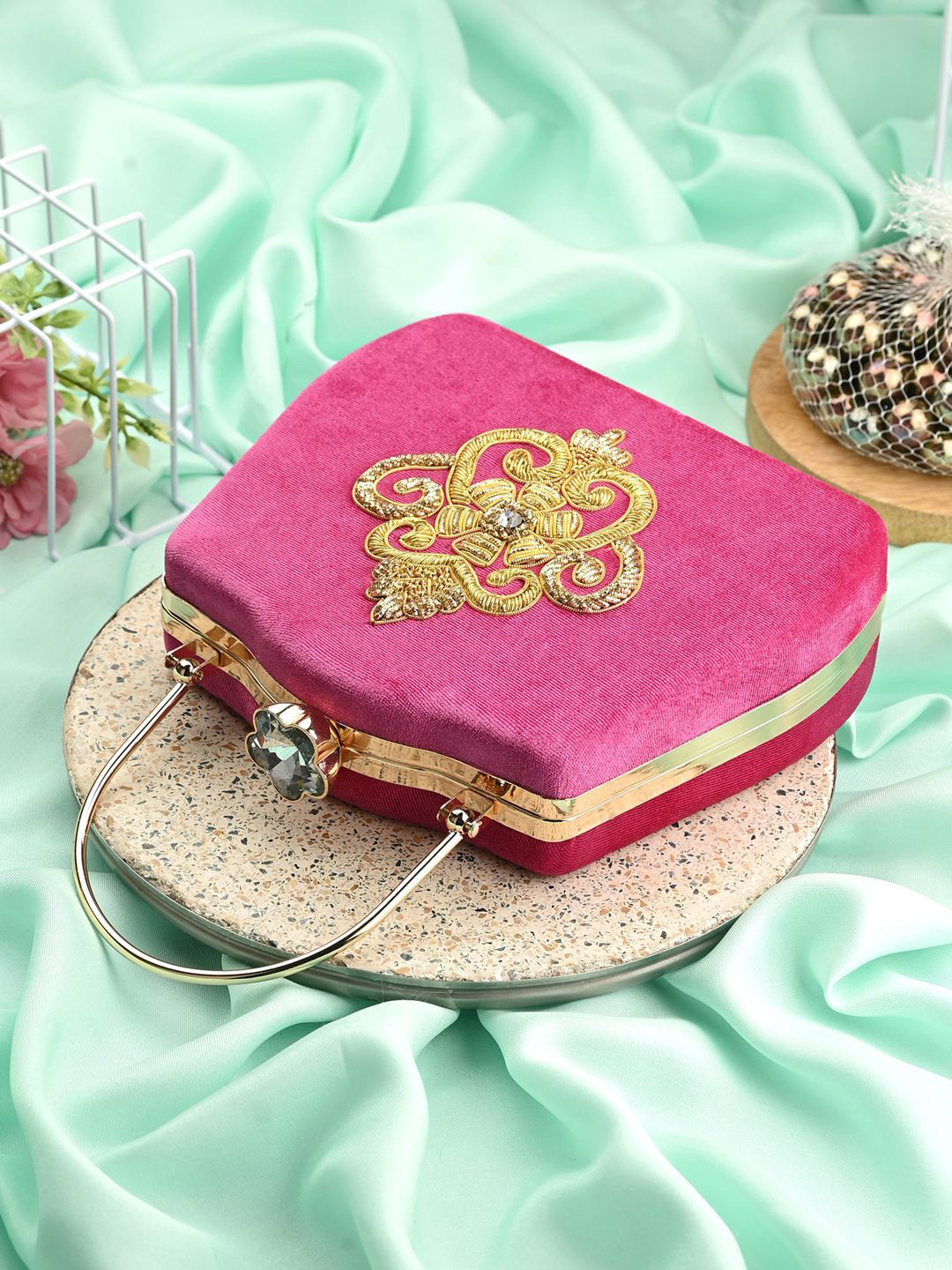 

Toobacraft Embellished Box Clutch, Magenta