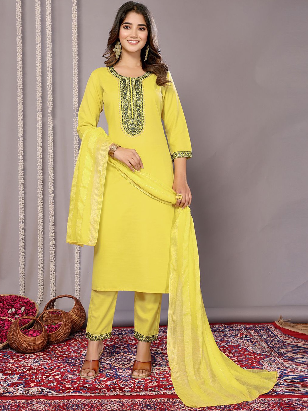 

DIVASTRI Women Ethnic Motifs Embroidered Regular Thread Work Kurta with Trousers & With Dupatta, Yellow